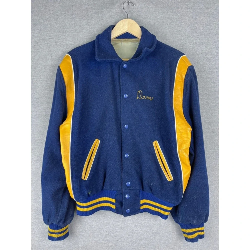 Vintage Lehman‎ Varsity Letterman Jacket Mens Blue Yellow Leather True Vintage